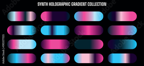 Synth Holographic Gradient Collection Vector Set with 16 Vibrant Pink, Blue, and Purple Swatches