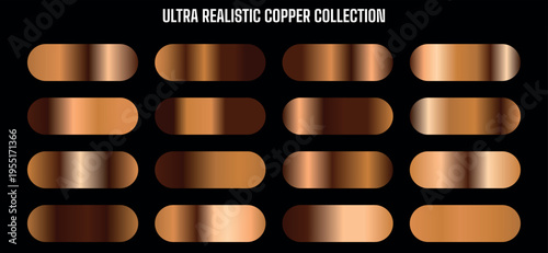Ultra Realistic Copper Collection Vector Swatches Set with 16 Metallic Gradient Palettes