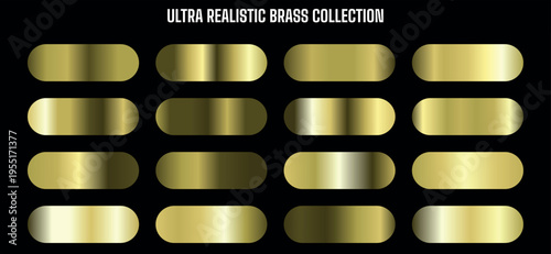 Ultra Realistic Brass Collection: 16 Golden Metallic Gradient Swatches Vector Set for Design