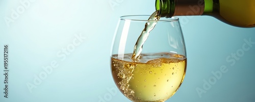 White wine pours from bottle into clear glass. Bubbles form as liquid fills the goblet. Refreshing, light beverage is served for tasting and enjoyment.