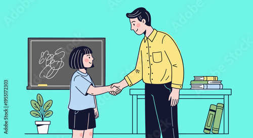 Teacher and student shaking hands in classroom, trust education illustration