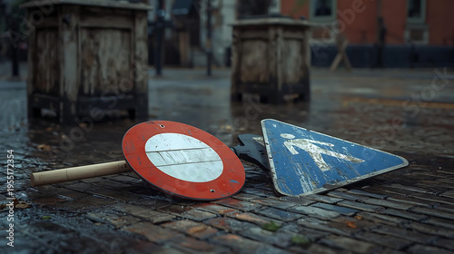 Two damaged road signs on wet brick sidewalk, urban neglect scene, broken traffic signs lying on ground, city infrastructure decay, rainy day atmosphere.