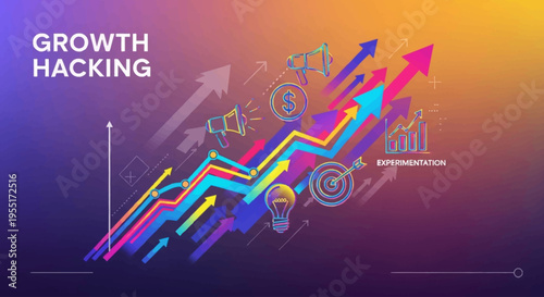 Visual representation of growth hacking strategies with upward trending arrows and business-related icons.