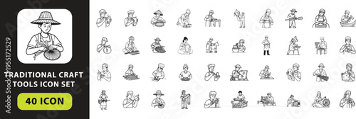 Traditional Craft Tools Icon Set Flat Vector Bundle