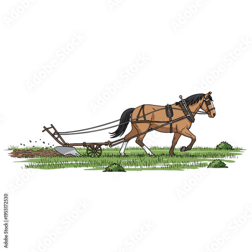 Horse pulling a plow in a field, vintage farming illustration