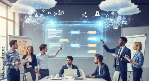A diverse team of professionals collaborates around a holographic display showcasing a complex flowchart in a modern office setting.