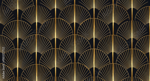 Elegant golden pattern with geometric fan motifs on a dark background, showcasing a vintage luxurious aesthetic suitable for sophisticated design projects