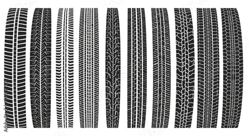 Comprehensive collection of diverse tire tread patterns, illustrating various vehicle tracks and grip designs essential for automotive graphics and safety concepts