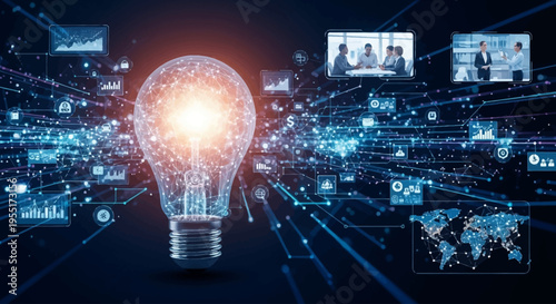 A glowing lightbulb symbolizing innovation and digital transformation, surrounded by data visualizations and network connections.