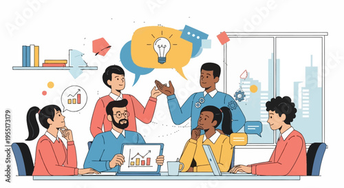 A diverse group of business professionals collaborating and brainstorming new ideas in an office meeting.