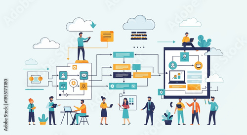 People collaborating on a complex business process, data flow, and cloud computing network with various technological elements.
