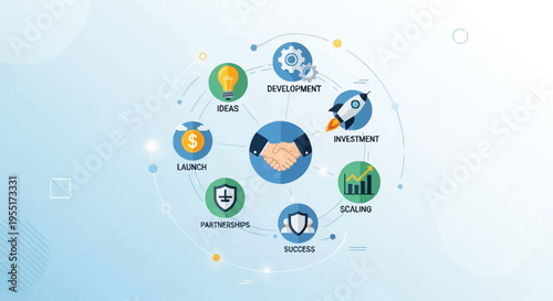 Circular diagram illustrating the business growth cycle from ideas to launch, investment, scaling, success, partnerships, and development.