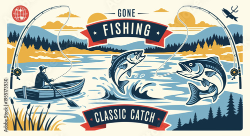 Retro Fishing Scene: Man in Boat, Jumping Trout, Mountains, Lake, Vintage Style