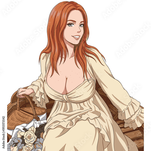 美しい赤毛の女性と花かご