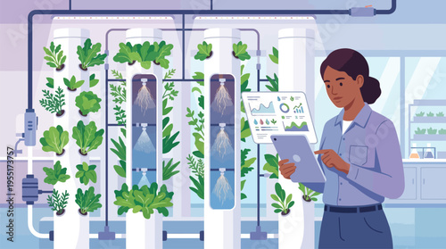 Woman standing in front of hydroponics.