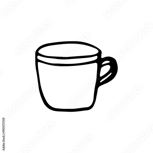 Hand drawn vector illustration of a ceramic mug or coffee cup. Kitchen drinkware doodle isolated on white background