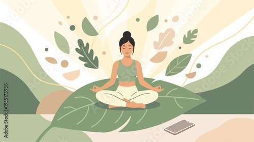 Woman meditates in peaceful serene position.