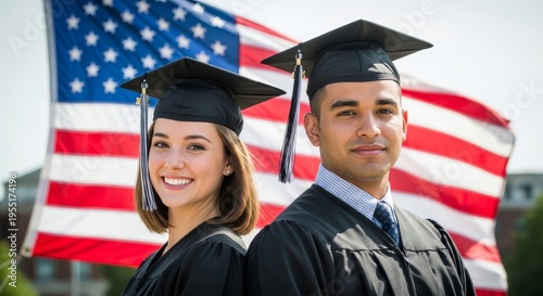 Happy graduating students in black caps and gowns smiling proudly in front of a waving American flag.