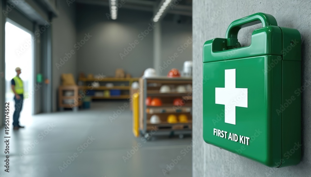 Obraz premium Green first aid kit box with white cross symbol mounted on concrete wall in industrial warehouse. Worker in safety vest stands near open bay door in background.