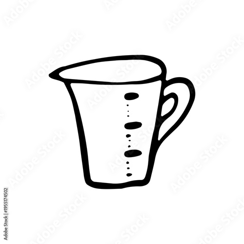 Hand drawn vector illustration of a measuring cup. Kitchen tool doodle for liquid volume measurement isolated on white background