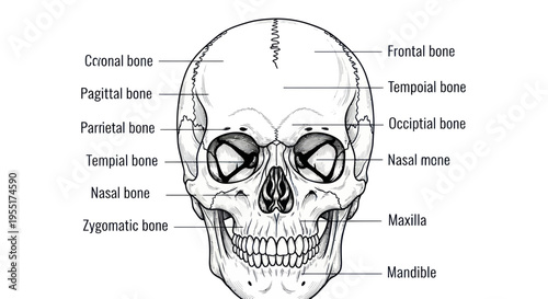 Anatomical Illustration of Human Skull with Labeled Bones