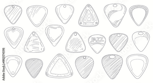Collection of Hand-Drawn Guitar Picks in Various Shapes and Textures