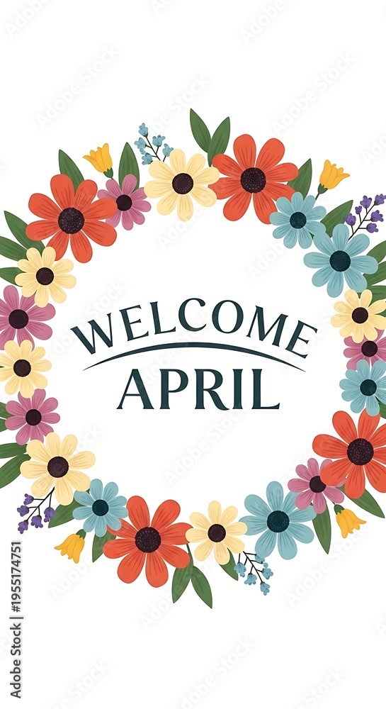 Fototapeta premium Vibrant April welcome floral wreath with spring flowers and text