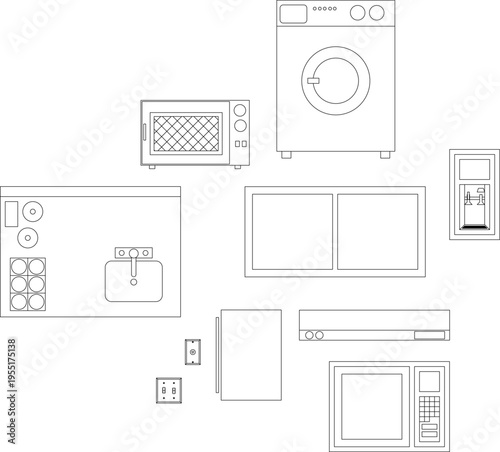 Technical drawing showing various household appliances including washing machine, microwave, refrigerator, oven, sink and air conditioning unit in plan view.