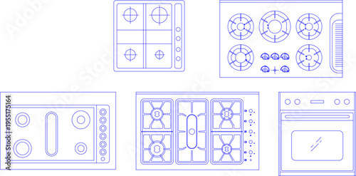 Technical architectural drawing showing various kitchen cooking equipment including gas hobs, cooktops with burners, control knobs and oven in plan view.