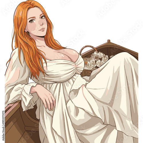 赤毛のドレスを着た美しい女性の花