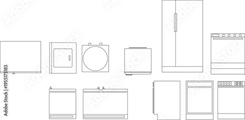 Technical drawing showing various household appliances including washing machines, refrigerators, ovens, dishwashers and TV in front elevation view.