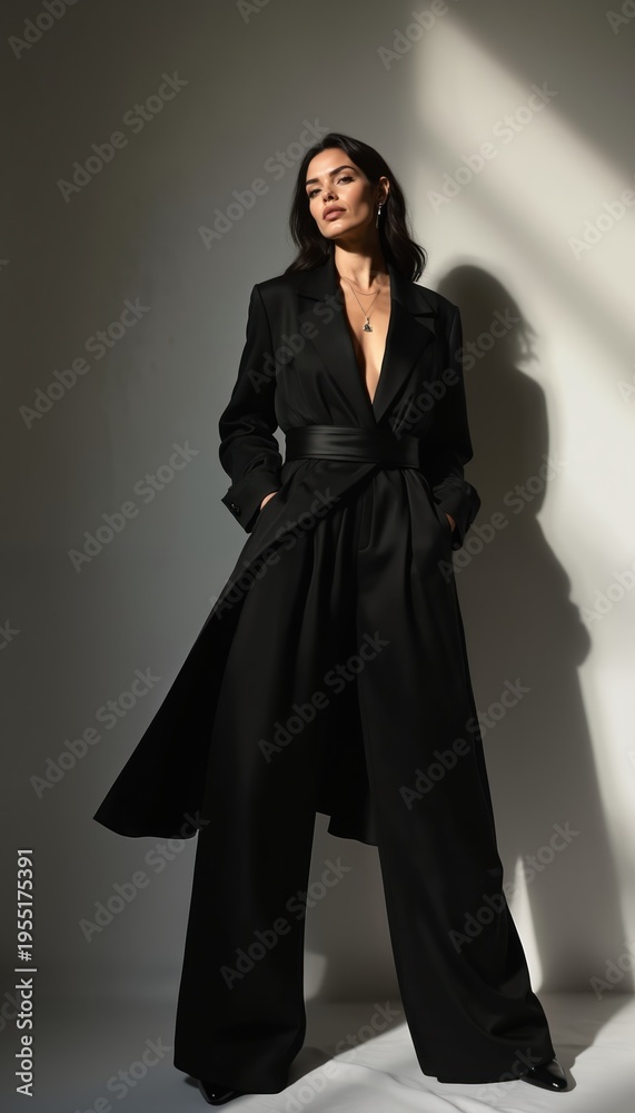Naklejka premium Woman wears elegant black wide leg pants and matching blazer. Silk fabric flows. She stands in a studio with dramatic light. Sophisticated, powerful, and chic outfit.