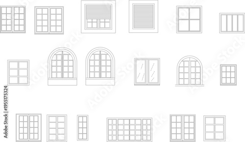 Technical architectural drawing showing various window designs with different pane configurations, arched tops, shutters and grid patterns in elevation view.