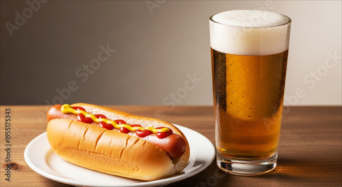 Grilled Hot Dog and Glass of Cold Draft Beer. A classic pub meal featuring a grilled hot dog in a bun next to a refreshing glass of cold draft beer.