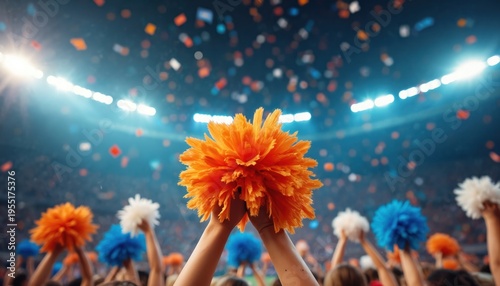 Hands hold bright pom poms at sports game. Crowd cheers, confetti falls during exciting match in stadium under bright lights. People celebrate victory with fans.