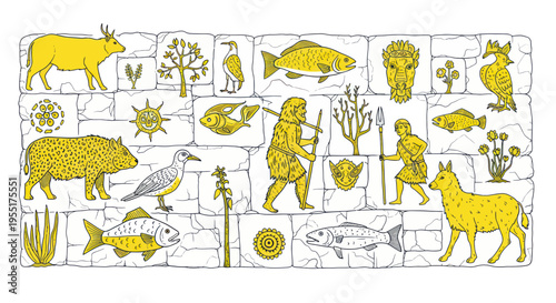 Ancient Wall Carving: Hunting, Fishing, and Wildlife Depictions