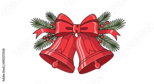 Christmas Bells with Red Bow and Pine Sprigs - Festive Holiday Decoration