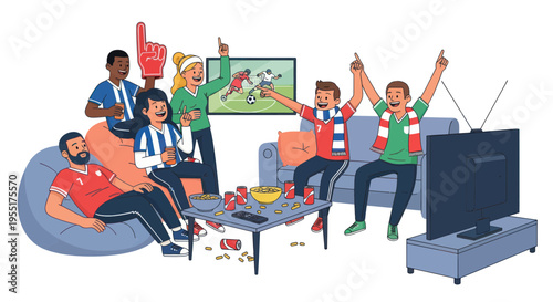 Excited friends watching soccer match on TV, celebrating goal, living room fun
