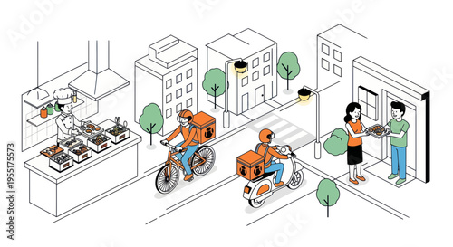 Food delivery service with couriers on bike and scooter in urban setting.