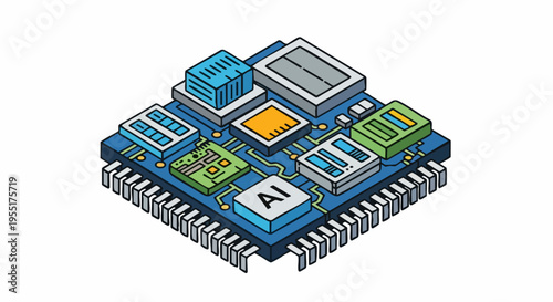 Isometric AI processor chip on a blue circuit board illustration.
