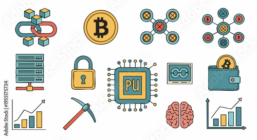 Cryptocurrency and Blockchain Technology Icons Collection.