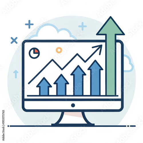 Flat illustration of a computer monitor displaying a rising line graph and growth arrows
