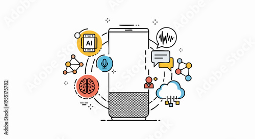 Smart Speaker with Artificial Intelligence Icons Illustration.