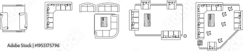 Technical interior design drawing showing various room furniture layouts including living rooms and bedrooms in top-down plan view.
