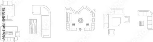 Technical interior design drawing showing various furniture layouts with curved and angular seating arrangements in top-down plan view.