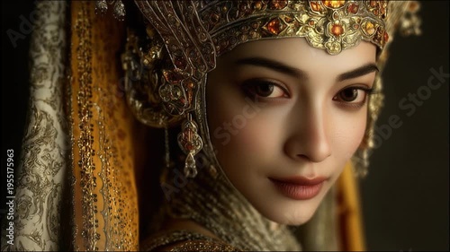 4K video of elegant woman in ornate golden headdress and traditional embroidered costume with detailed metalwork and jeweled accessories, cinematic portrait with dramatic lighting.
