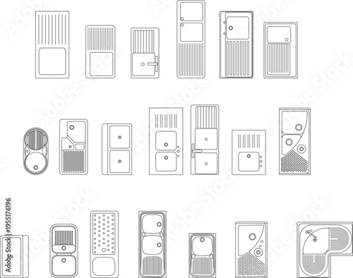 Technical architectural drawing showing various kitchen sink designs with single and double bowls, drainboards, and different configurations in plan view.