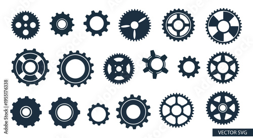 Set of various dark blue gears and cogs on white background, vector illustration