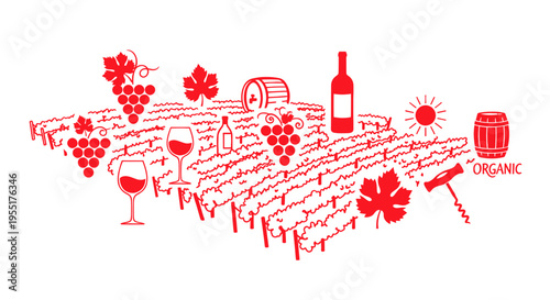 Vineyard Landscape with Grapes, Wine, Barrel, and Corkscrew - Red Silhouette