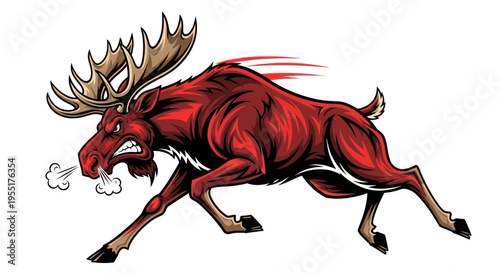 Angry Moose Running with Steam from Nostrils, Aggressive Wild Animal Illustration